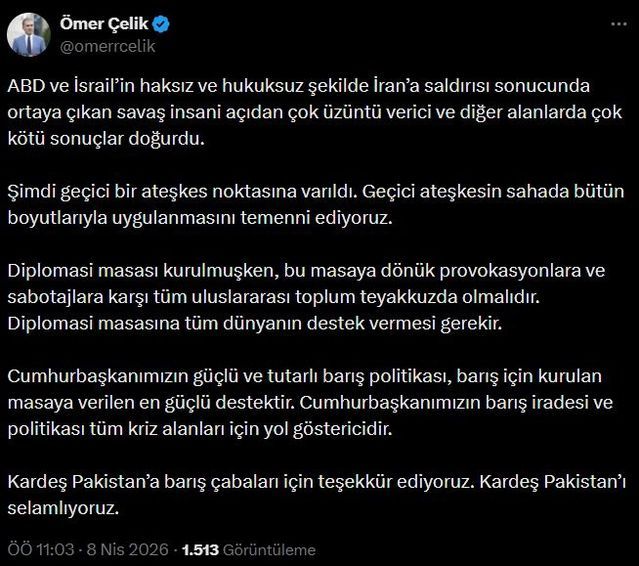 Ömer Çelik Geçici Ateşkesin Uygulanmasına Destek Verdi