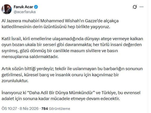 Faruk Acar: İsrail, İnsanlık Değerlerinden Uzaklaşarak Masumlara Saldırıyor