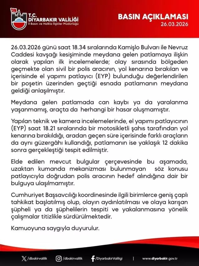 Diyarbakır'da El Yapımı Patlayıcı Patisi: Can Kaybı Yok
