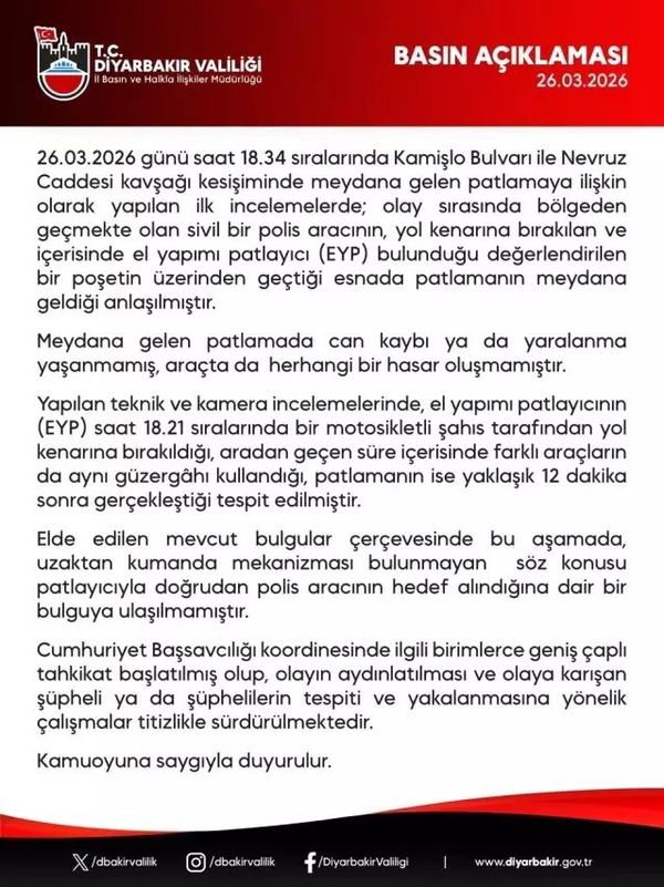 Diyarbakır'da El Yapımı Patlayıcı Patisi: Can Kaybı Yok