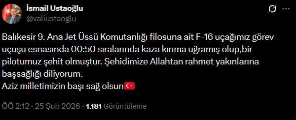 Balıkesir'de F-16 Savaş Uçağı Düştü: Bir Pilot Şehit Oldu