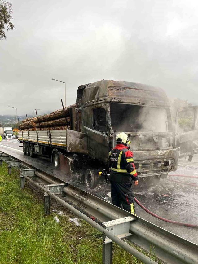 Aydın-İzmir Otoyolu'nda Tomruk Yüklü Tır Yangını Söndürüldü