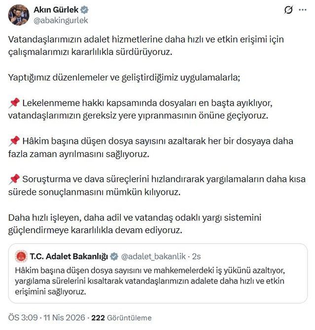 Adalet Bakanı Akın Gürlek: Yargıda Dosya Sayısını Azaltarak Reformlar Sürüyor