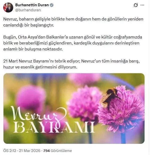 Burhanettin Duran'dan Nevruz Bayramı Kutlama Mesajı