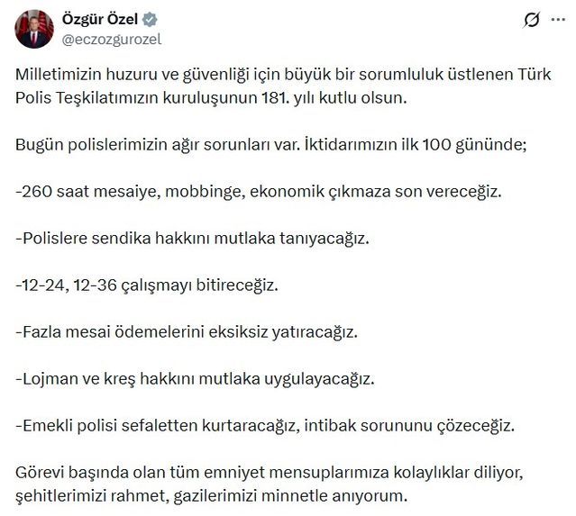 Özgür Özel’den Türk Polis Teşkilatı'nın 181. Kuruluş Yıldönümü Mesajı