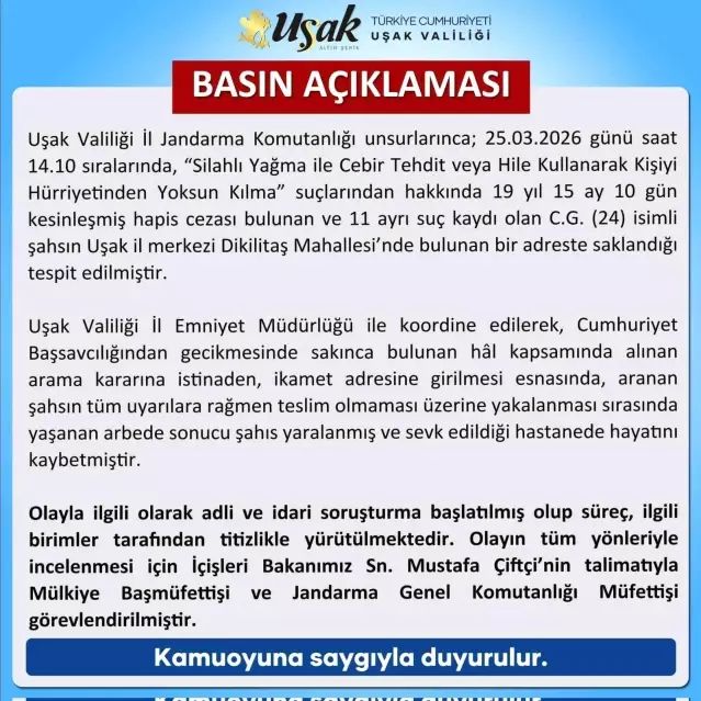 Uşak'ta Yakalanma Operasyonunda Hükümlü Hayatını Kaybetti
