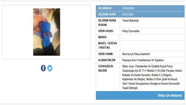 Ticaret Bakanlığı Güvensiz 'Mavi Ayıcık Pelüş Anahtarlık' Ürününü Piyasadan Toplattı