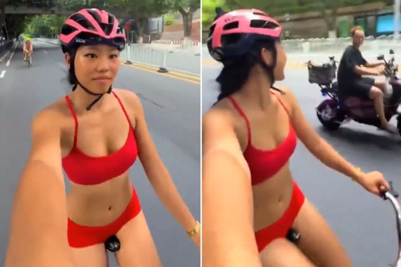 Kırmızı Bikini Giyen Bisikletçi Çin'de 5 Trafik Kazasına Sebep Oldu