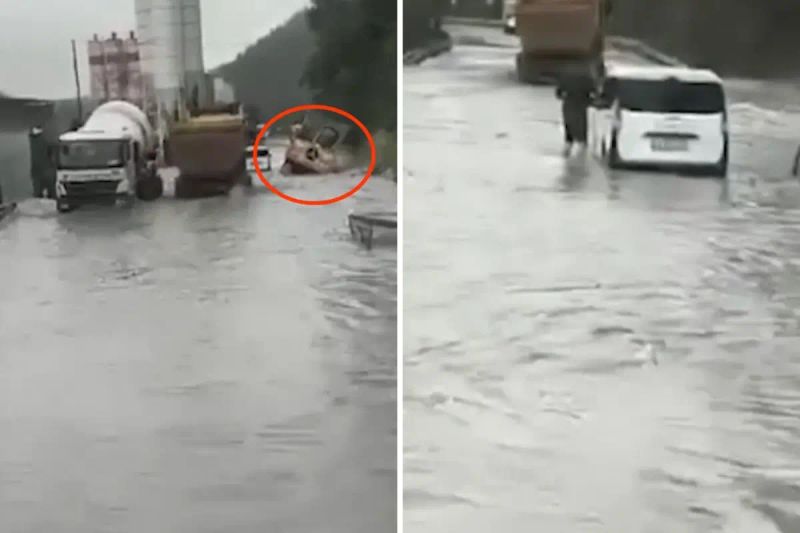 Kemerburgaz Yolu’nda Sağanak Nedeniyle Kamyon Dereye Devrildi