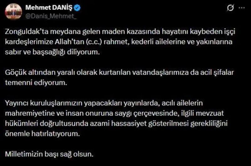 RTÜK Başkanı Danış'tan Zonguldak Maden Kazasında Mahremiyet Uyarısı