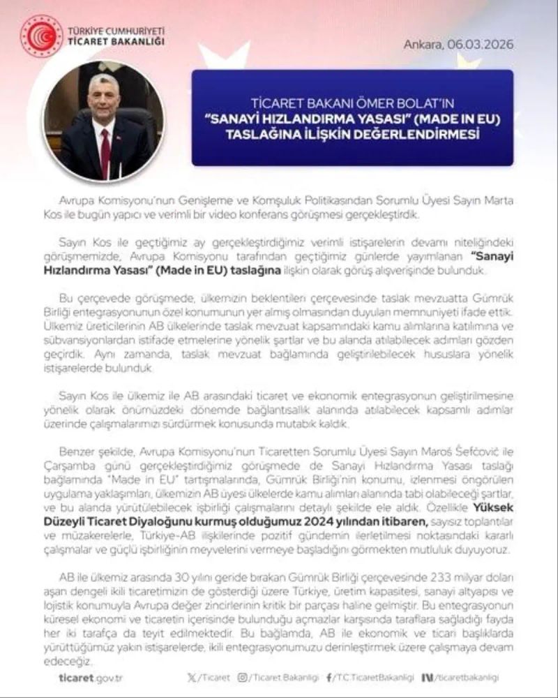 Ticaret Bakanı Bolat, AB Komisyon Üyesi Kos ile Sanayi Hızlandırma Yasası'nı Görüştü