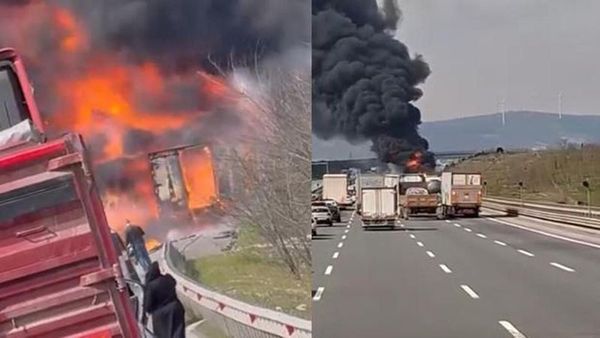 Kuzey Marmara Otoyolu'nda Seyreden TIR Yangınla Alev Aldı, Trafik Kapandı