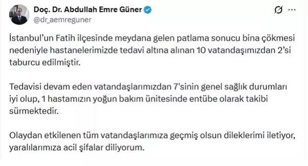 Fatih'teki Patlamada Yaralanan 2 Kişi Taburcu Edildi