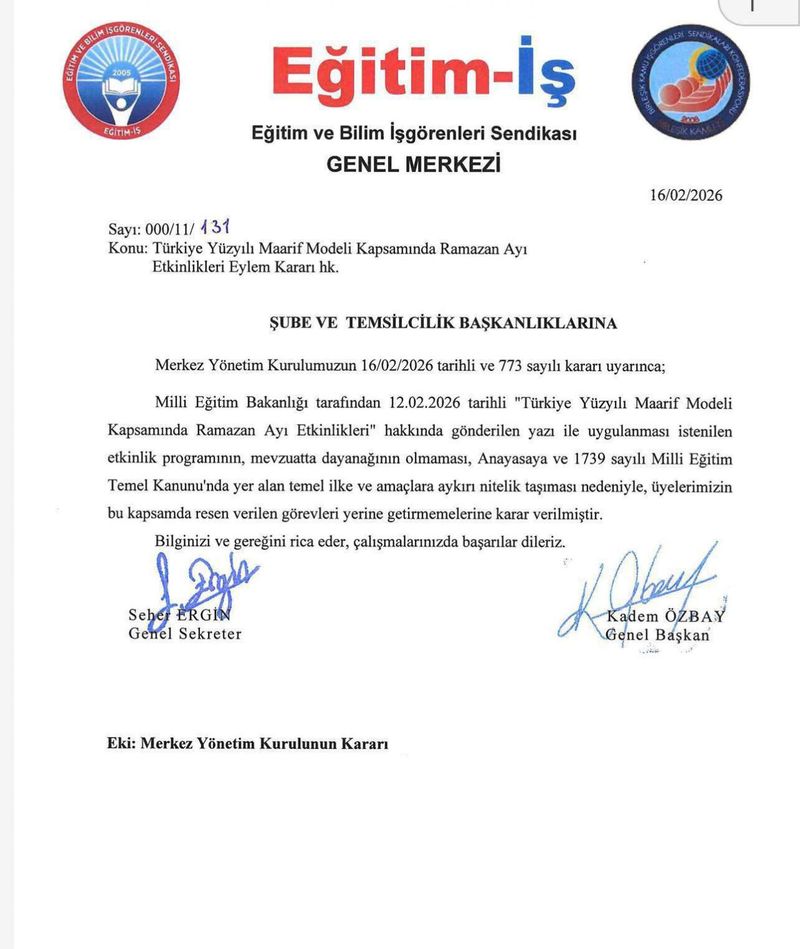 Eğitim İş Sendikası, MEB'in Ramazan Genelgesine Karşı Hukuksuz Boykot Çağrısı Yaptı