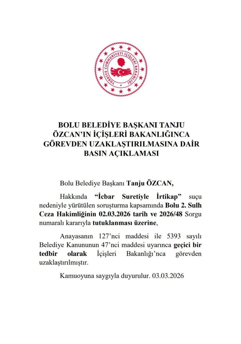 İçişleri Bakanlığı, Bolu Belediye Başkanı Tanju Özcan'ı Görevden Uzaklaştırdı