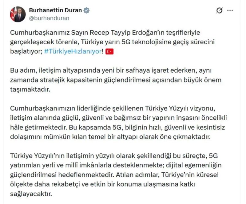 İletişim Başkanı Duran: 5G Yatırımlarıyla Dijital Egemenlik Güçlendirilecek