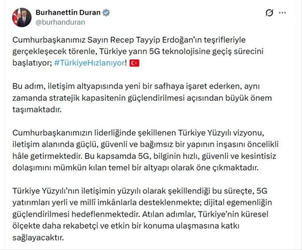 İletişim Başkanı Duran: 5G Yatırımlarıyla Dijital Egemenlik Güçlendirilecek