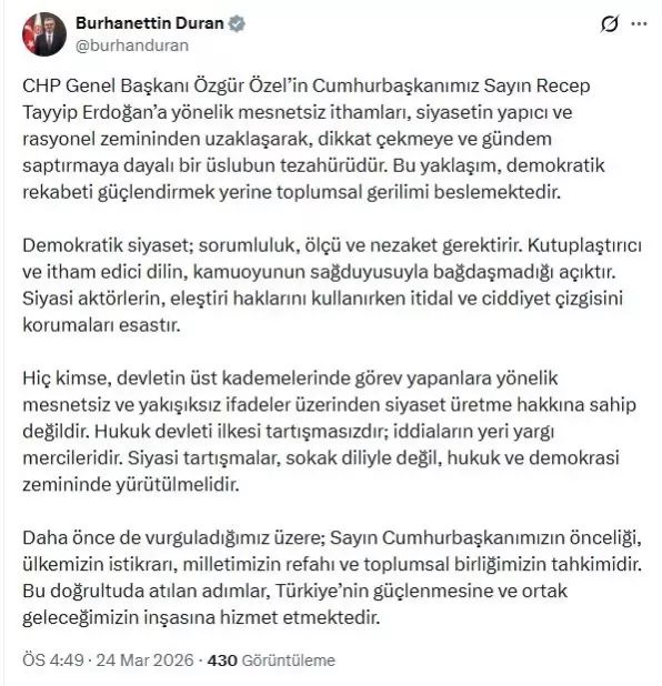 Burhanettin Duran: Demokratik siyaset sorumluluk ve nezaket ister