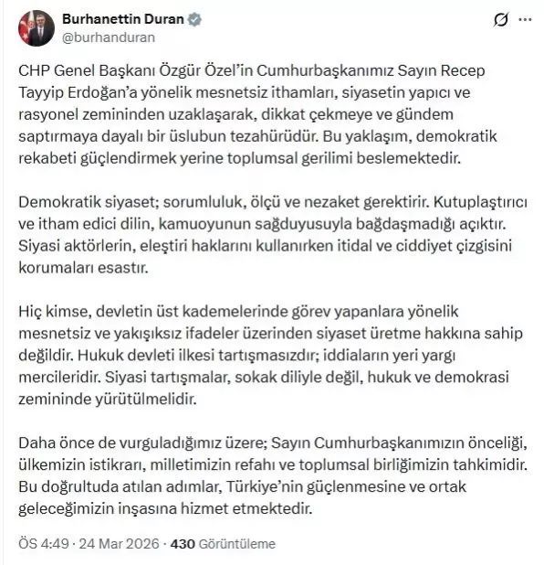 Burhanettin Duran: Demokratik siyaset sorumluluk ve nezaket ister