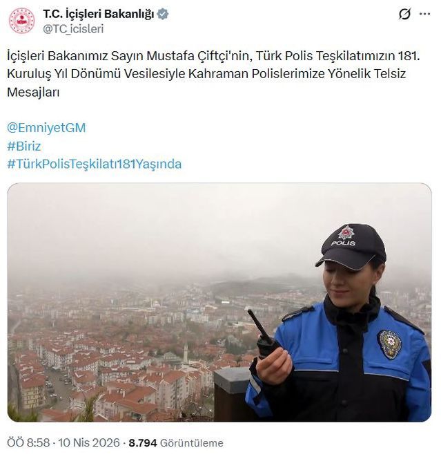 İçişleri Bakanı Çiftçi, Polis Haftası ve 181. Yıl Dönümünü Telsiz Mesajıyla Kutladı