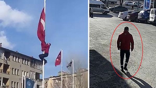 Erzurum'da Genç Çalışan Türk Bayrağını Düzeltmek İçin Direğe Tırmandı