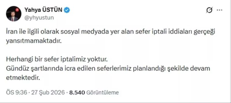 THY, İran Seferlerinin İptal Edilmediğini Resmen Açıkladı