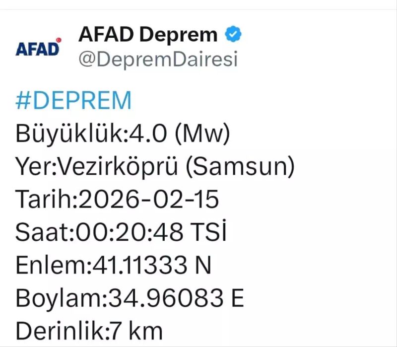 Samsun Vezirköprü'de Gece Yarısı 4.0 Büyüklüğünde Deprem Kaydedildi
