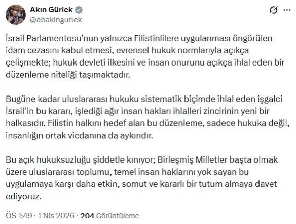 Adalet Bakanı Gürlek'ten İsrail'in Filistinlilere İdam Kararına Sert Eleştiri