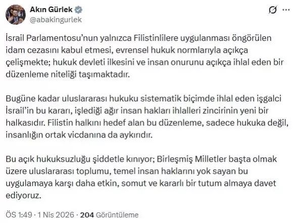 Adalet Bakanı Gürlek'ten İsrail'in Filistinlilere İdam Kararına Sert Eleştiri