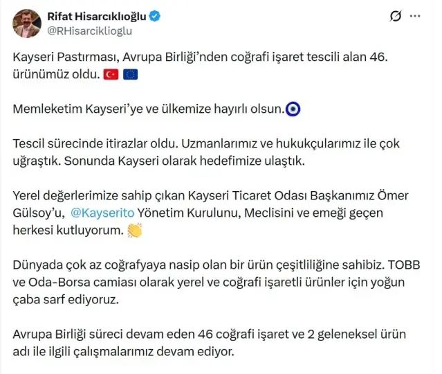 Kayseri Pastırması Avrupa Birliği Coğrafi İşaret Tescilini Aldı