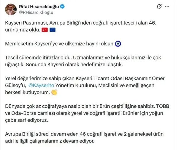 Kayseri Pastırması Avrupa Birliği Coğrafi İşaret Tescilini Aldı