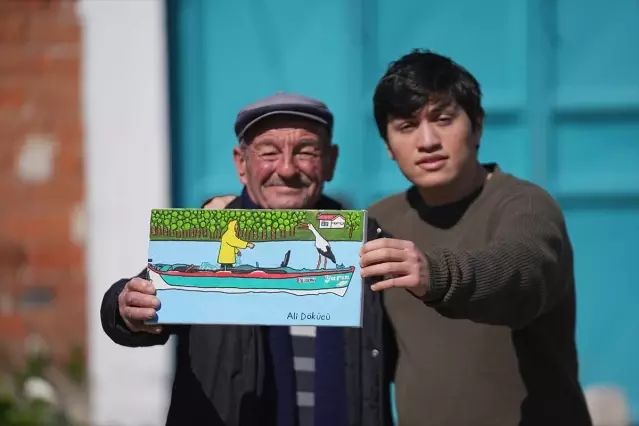 Otizmli Genç, Yaren Leylek ve Balıkçı Adem Yılmaz’ın Dostluğunu Resme Dönüştürdü