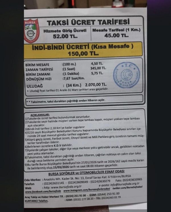 Bursa'da Taksi Ücretleri 15 Mart'tan İtibaren Yenilendi