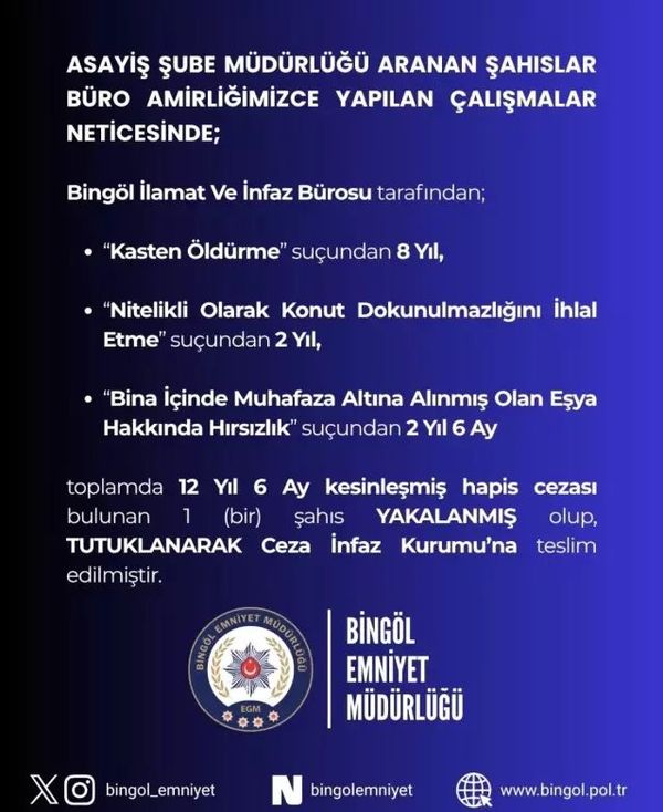 Bingöl'de 12,5 Yıl Hapis Cezası Bulunan Şahıs Yakalandı