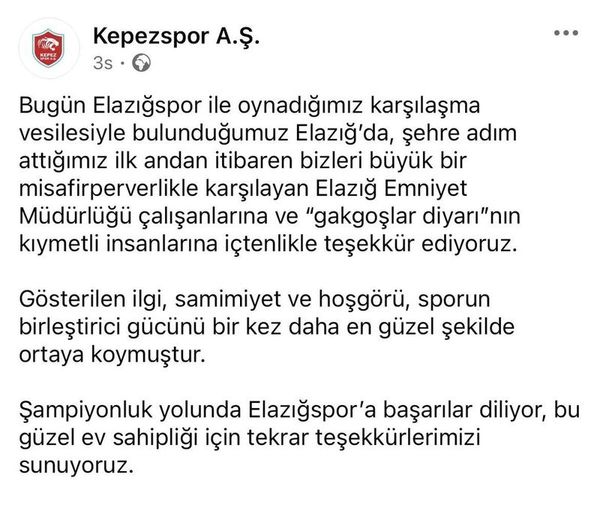 Kepezspor, Elazığ Emniyeti ve Halkına Teşekkürlerini İletti