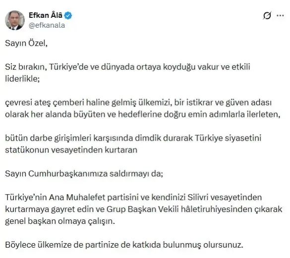Efkan Ala'dan Özel'e Sert Eleştiri: Silivri Vesayetinden Kurtulun
