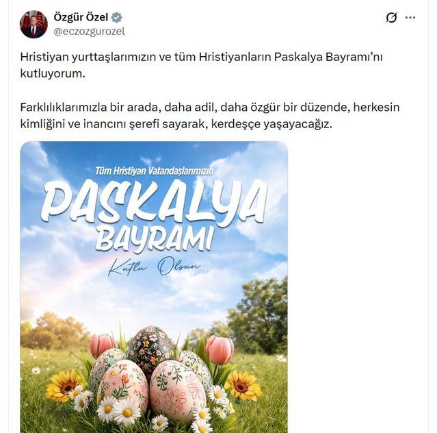 Özgür Özel, Paskalya Bayramı İçin Hristiyan Liderleri Telefonla Tebrik Etti