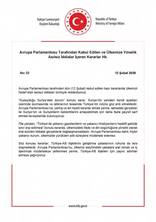 Dışişleri Bakanlığı'ndan Avrupa Parlamentosu'nun Türkiye Kararlarına Sert Tepki