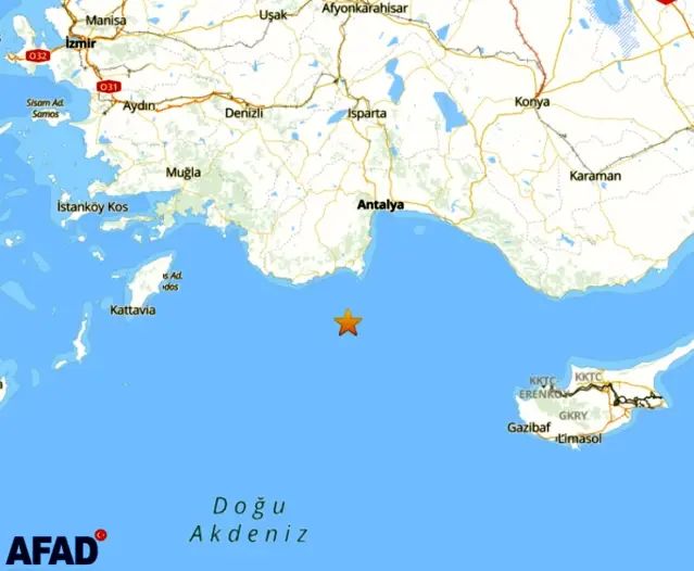 Akdeniz'de 4,2 Büyüklüğünde Deprem Kaydedildi