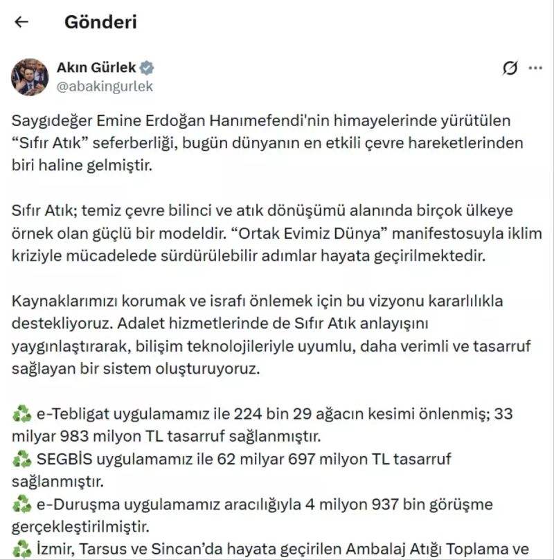 Adalet Bakanı Akın Gürlek'ten Sıfır Atık Modeline Vurgu