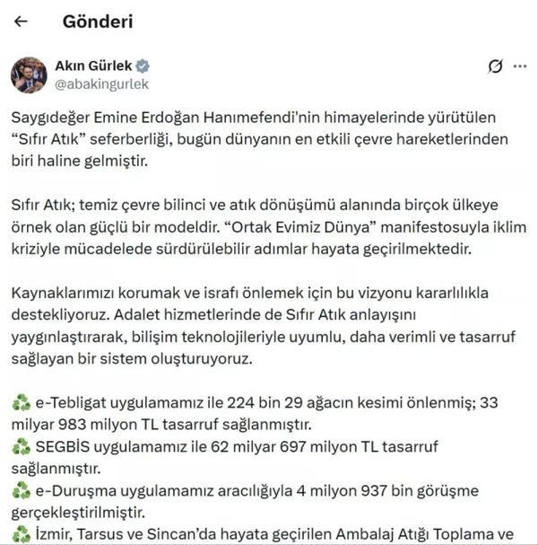 Adalet Bakanı Akın Gürlek'ten Sıfır Atık Modeline Vurgu
