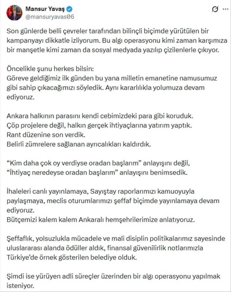 Mansur Yavaş: Baskılar Doğru Yoldan Vazgeçirmeyecek