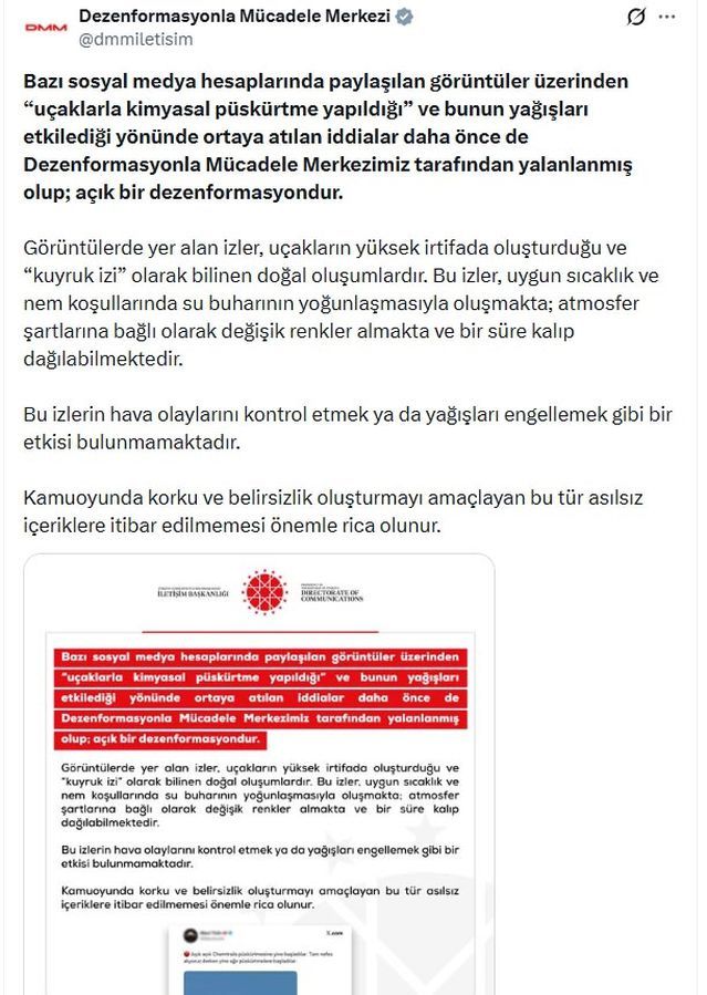 İletişim Başkanlığı, Uçaklarla Kimyasal Püskürtme İddialarını Yalanladı