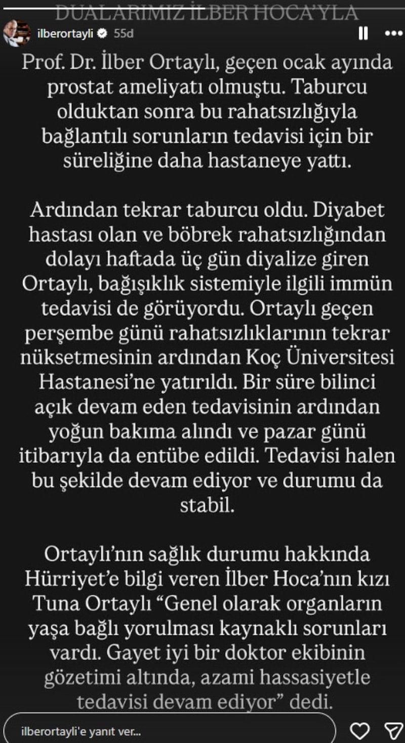 Prof. Dr. İlber Ortaylı Entübe Edildi, Durumu Stabil