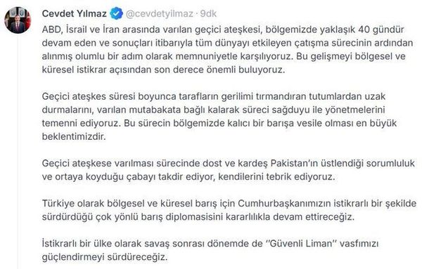 Cumhurbaşkanı Yardımcısı Yılmaz: ABD-İsrail-İran Ateşkesi Bölge Barışına Umut Veriyor