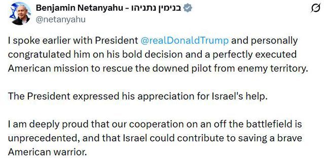 Netanyahu, Trump'ı İran'daki Pilot Kurtarma Operasyonu İçin Tebrik Etti