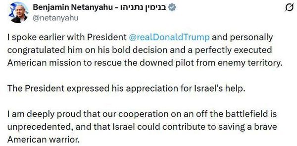 Netanyahu, Trump'ı İran'daki Pilot Kurtarma Operasyonu İçin Tebrik Etti